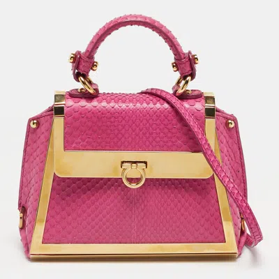 Pre-owned Ferragamo Pink Python And Metal Mini Sofia Top Handle Bag