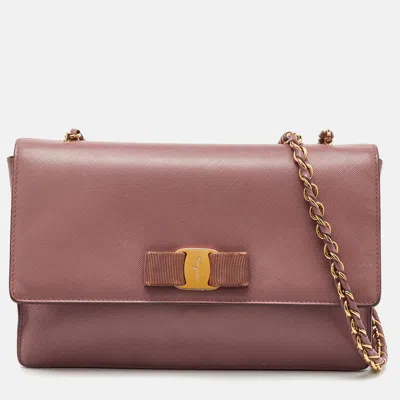 Pre-owned Ferragamo Pink Saffiano Leather Vara Bow Chain Flap Shoulder Bag