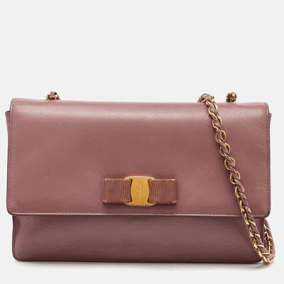 Ferragamo Pink Saffiano Leather Vara Bow Chain Flap Shoulder Bag