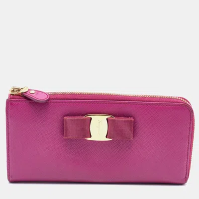 Ferragamo Pink Saffiano Leather Vara Bow Zip Continental Wallet In Purple