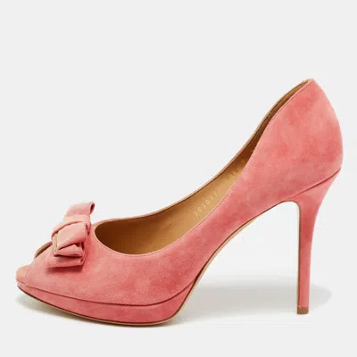 Pre-owned Ferragamo Pink Suede Bow Peep Toe Pumps Size 39.5