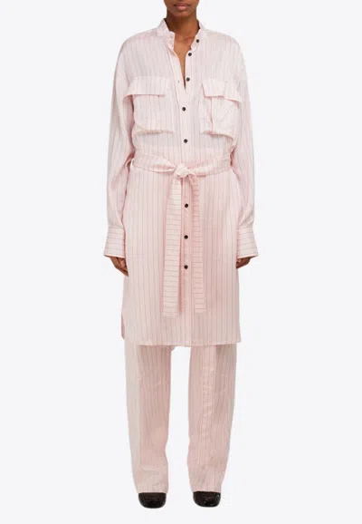 Ferragamo Belted Striped Midi Shirt Dress In Pink