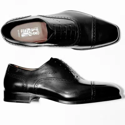 Pre-owned Ferragamo Pizzarro Tramezza Black Leather Cap Toe Oxford Men's Dress Shoes
