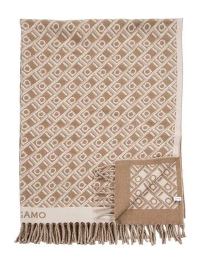 Pre-owned Ferragamo Plaid Monogram Throw Blanket W/ Tags In White