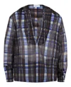 Ferragamo Plaid Print Hooded Shirt With Front Tie And Slit Sides In Blue