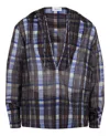 Ferragamo Plaid Print Hooded Shirt With Front Tie And Slit Sides In Blue