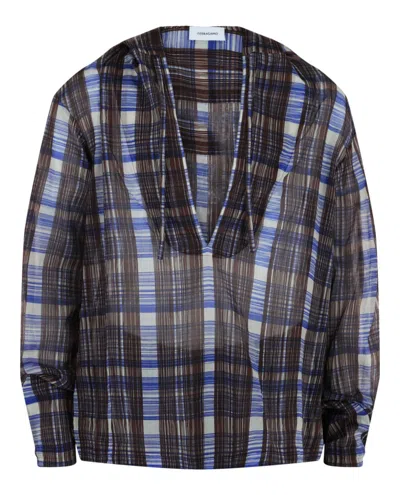 Ferragamo Plaid Print Hooded Shirt With Front Tie And Slit Sides In Multi