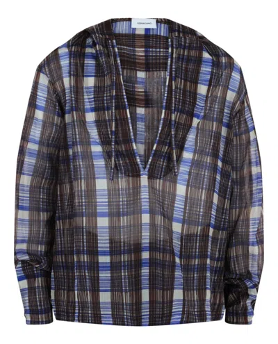 FERRAGAMO PLAID PRINT HOODED SHIRT WITH FRONT TIE AND SLIT SIDES