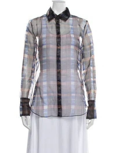 Pre-owned Ferragamo Plaid Print Long Sleeve Blouse In Blue