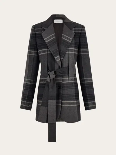 Ferragamo Plaid Wool-silk Belted Blazer In Multi