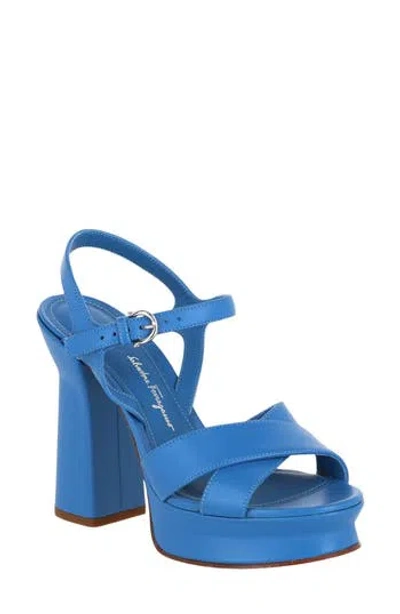 Ferragamo Platform Ankle Strap Leather Sandal In Blue