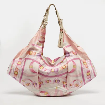 Pre-owned Ferragamo Pleated Bow Print Pink Leather And Nylon Hobo