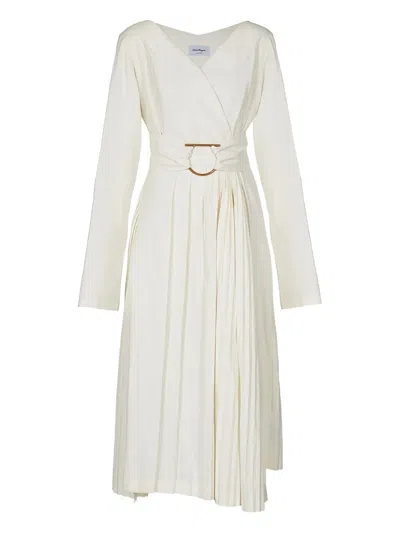 Ferragamo Pleated-detail Midi Dress In White