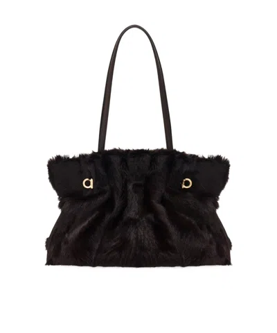 Ferragamo Pleated Shoulder Bag In Black