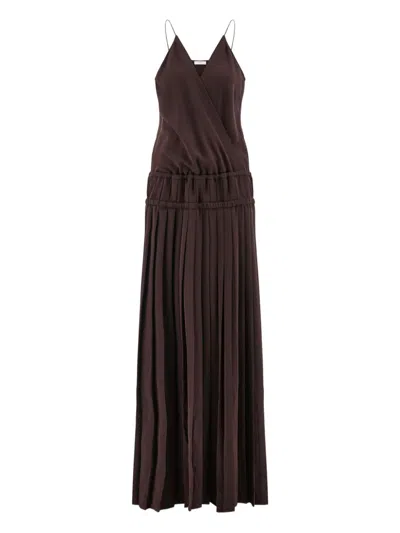 Ferragamo Long Dress With Pleated Skirt In Brown