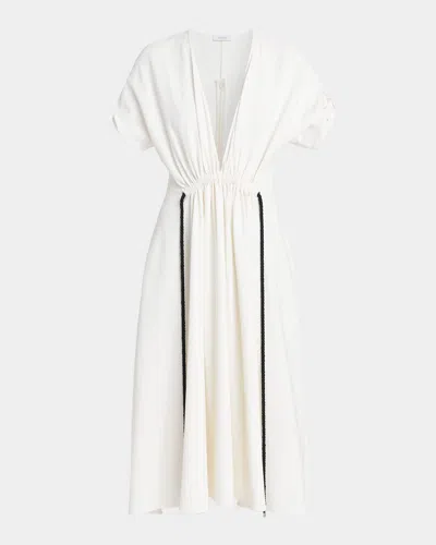 Ferragamo Plunging Gathered Short-sleeve Midi Dress In White