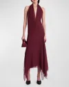 FERRAGAMO PLUNGING HALTER CHIFFON MIDI DRESS