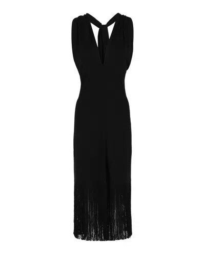Ferragamo Plunging Sleeveless Fringe-hem Midi Dress In Black