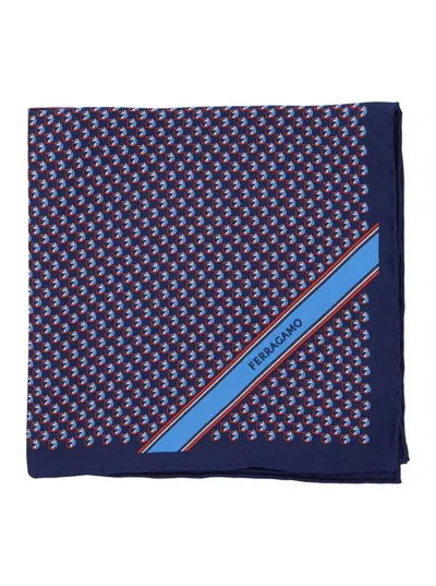 Ferragamo Blue Pocket Square With Gancini Print And Logo Lettering In Silk Man In Multi