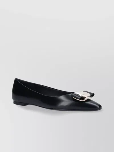 Ferragamo Pointed Toe Metallic Accent Bow Detail Ballerina Shoes In Black