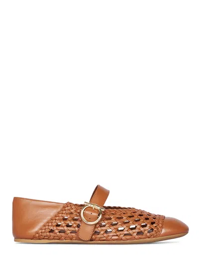 Ferragamo Pointed Toe Woven Leather Flats With Gold-tone Detail In Brown