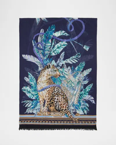 Ferragamo Poised Leopards Long Wool Scarf In Blue