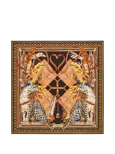 Ferragamo Poised Leopards Print Silk Scarf In Brown