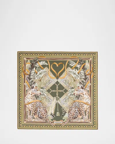 Ferragamo Poised Leopards Print Silk Scarf In Green