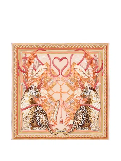 Ferragamo Poised Leopards Print Silk Scarf In Orange