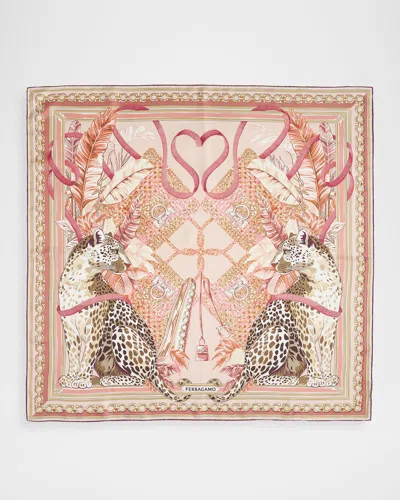 Ferragamo Poised Leopards Print Silk Scarf In Pink