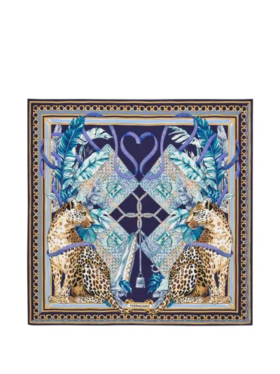 Ferragamo Poised Leopards-print Silk Scarf In Blue