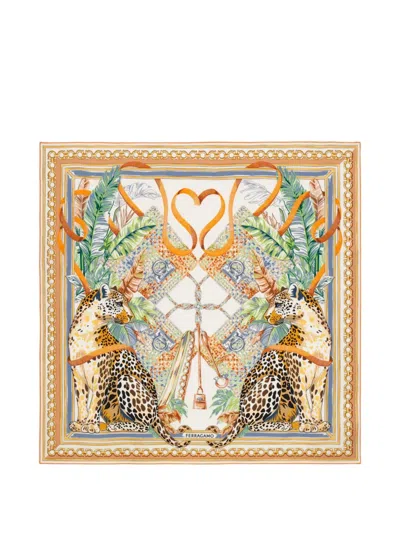 Ferragamo Poised Leopards-print Silk Scarf In Multi