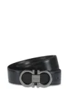 Ferragamo Polished Double Gancini Buckle Belt In Calf Leather In Black