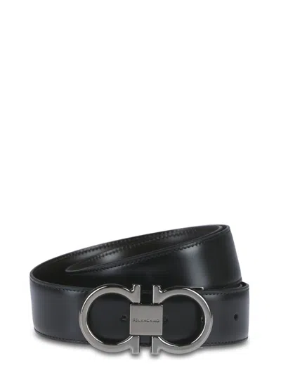 Ferragamo Polished Double Gancini Buckle Belt In Calf Leather In Black