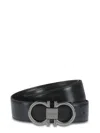 Ferragamo Polished Double Gancini Buckle Belt In Calf Leather In Black