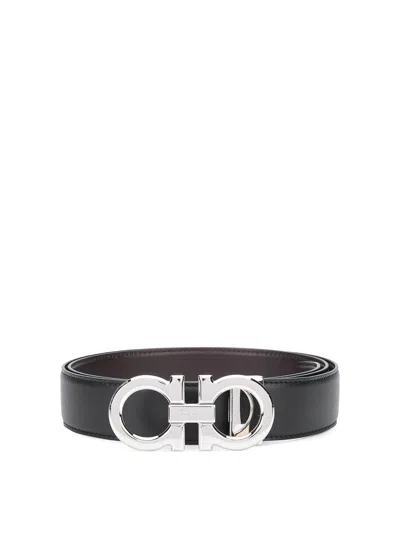 Ferragamo Polished Finish Gancini Reversible Belt In Black