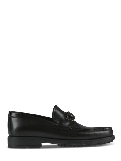 Ferragamo Polished Leather Loafers With Decorative Buckle Detail In Black