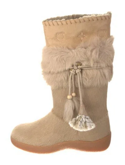 Pre-owned Ferragamo Ponyhair Embroidered Accent Moto Boots In Neutral
