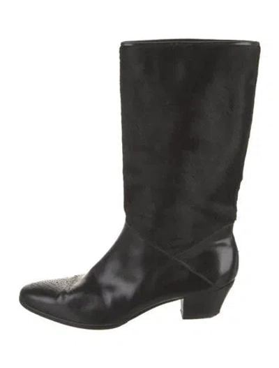 Pre-owned Ferragamo Ponyhair Leather Trim Embellishment Rain Boots In Black