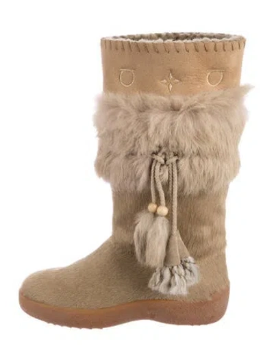 Pre-owned Ferragamo Ponyhair Tassel Accents Snow Boots In Neutrals