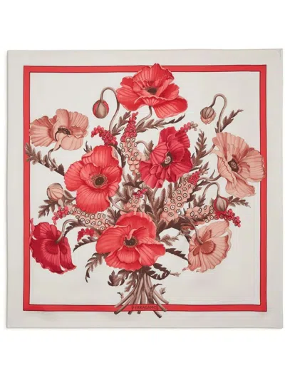 Ferragamo Silk Scarf With Poppy Fantasy In Red