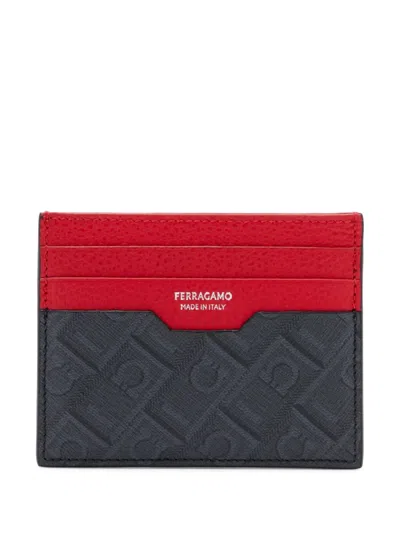 Ferragamo Monogram-print Two-tone Grained Leather Card Holder In Black