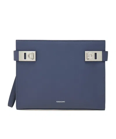 Ferragamo Pouch With Gancini Buckles In Gray