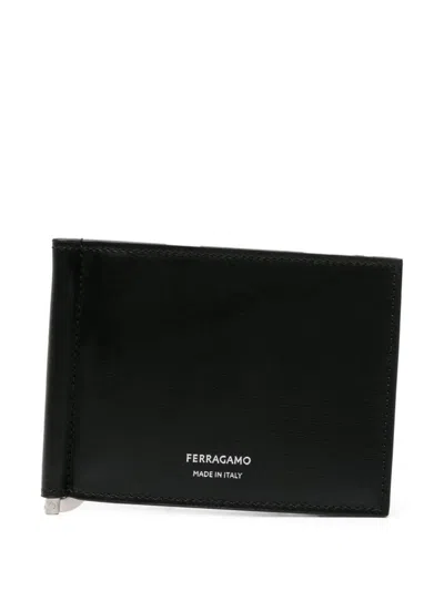 Ferragamo Premium Black Leather Wallet With Money Clip For Men