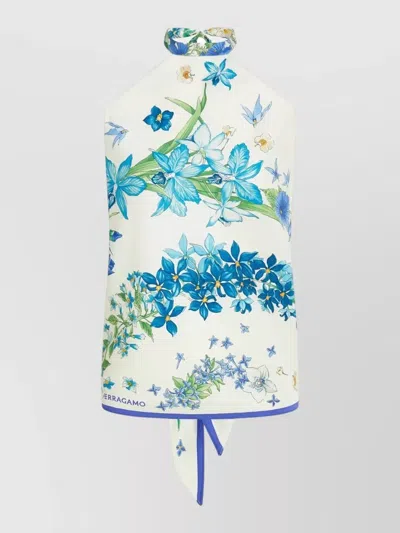 Ferragamo Primavera Floral Halterneck Sleeveless Backless Top In Black