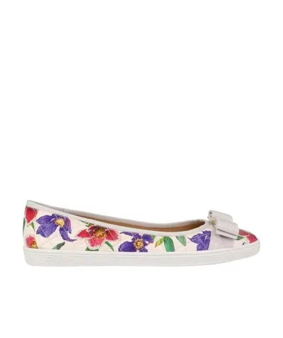 Ferragamo Printed Ballet Shoes With Bow Tie In White