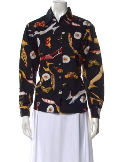 Pre-owned Ferragamo Printed Long Sleeve Blouse W/ Tags In Black