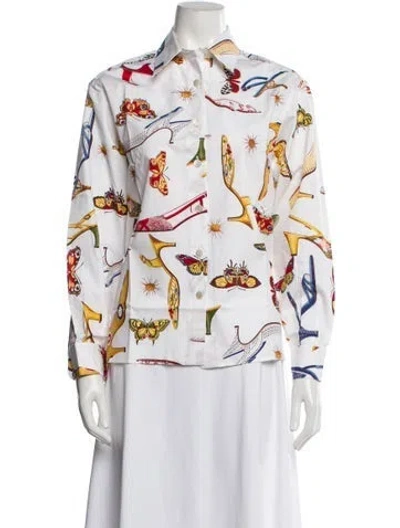 Pre-owned Ferragamo Printed Long Sleeve Button-up Top W/ Tags In White