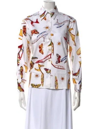 Pre-owned Ferragamo Printed Long Sleeve Button-up Top W/ Tags In White