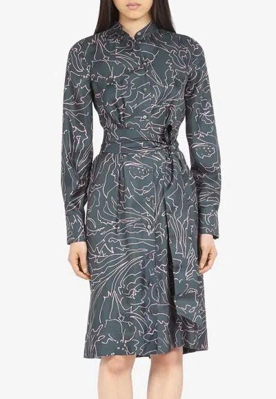 Ferragamo Printed Long-sleeved Shirt Dress In Silk In Multicolor
